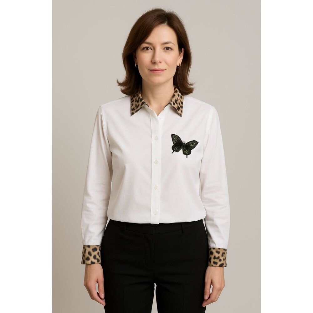 Dolce & Gabbana White Button-Up Shirt W/ Leopard Print Collar & Cuffs Butterfly